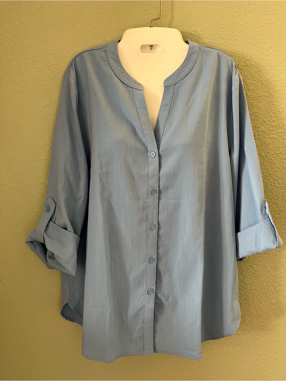 Women’s Light Blue Casual Button-Down Shirt with Band Collar